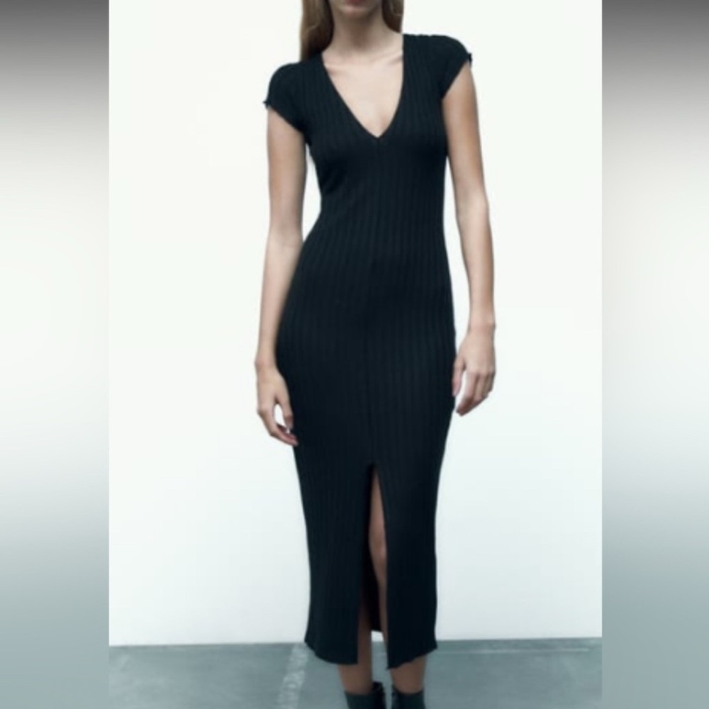 Zara Black Ribbed V-Neck Midi Dress with Front Slit